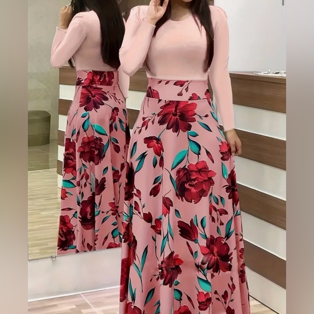 Floral Print Long Sleeve Round Neck Medium Stretch Maxi Dress
